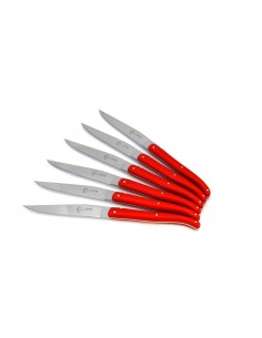 Laguiole steak knives, red acrylic handles, dishwasher safe Length of  handle 12 cm Bee Welded bee Bolsters Full handle Packaging Block of 6  Nature of the handle Acrylic POM, red Steel blade