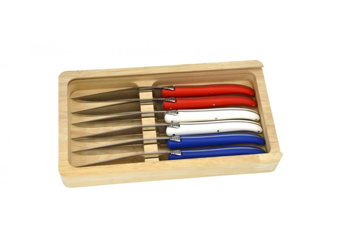 Laguiole steak knives, red acrylic handles, dishwasher safe Length